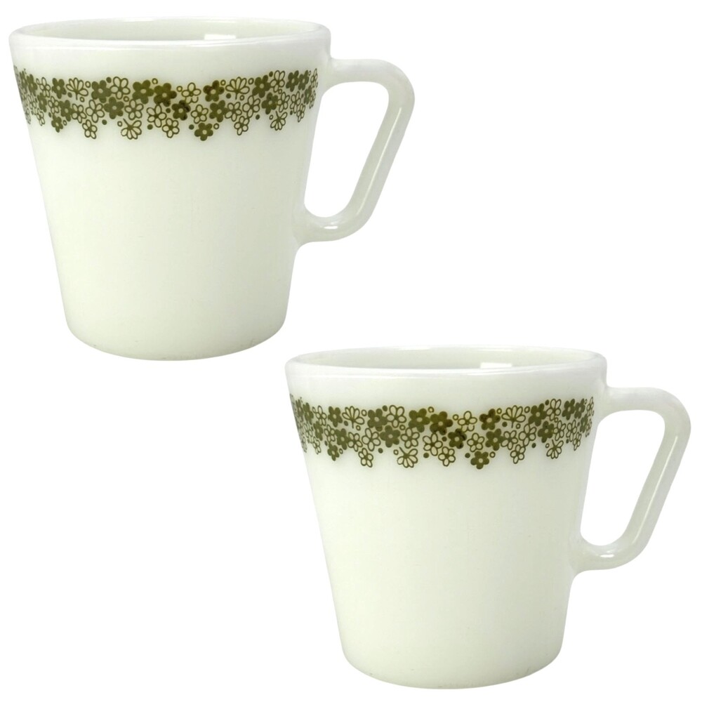 Two (2) Pyrex Coffee Mug Cup Corning NY USA MCM VTG Pattern Spring Blossom Green